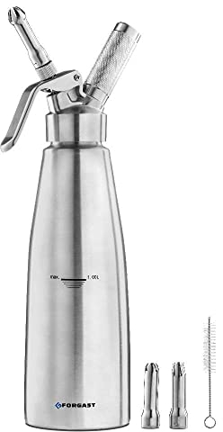Forgast Distributeur de crème fouettée | Capacité 1 Litre | 3 Buses | 1 Brosse de Nettoyage | Argent | Siphon Professionnel pour Chantilly | Aluminium | pour préparer la crème, la Mousse