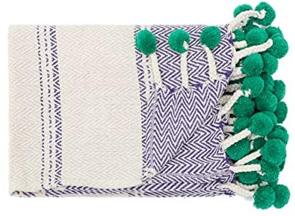 100% Cotton Throw Blanket with Pom Pom, Sofia Throw - Hand Made - Blankets for Chair, Sofa, Bed, Accent Chair & Home Decorations - Decorative Furnishings - washable - 50x60 Inch - Purple