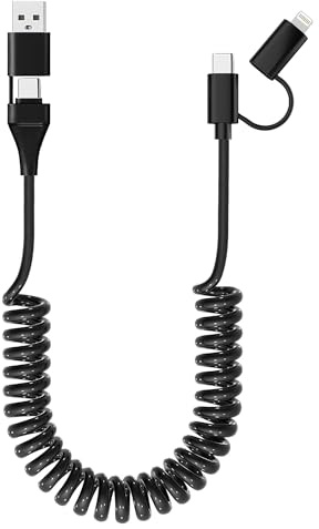 USB C und Lightning Kabel 4 in 1 60W [PD Charge & MFi & Daten] Spiralkabel Kurz Unterstützung CarPlay & Android Auto, 4 in 1 Ladekabel Combo Typ C/Lightning/USB A für iPhone 15 14/Android/Pad/Laptop