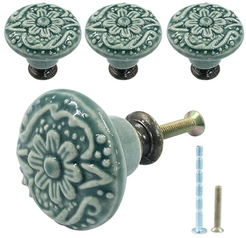 Piutouyar Keramikknäufe und Griffe für Schubladen, Kommoden, Schrank, 34 mm Durchmesser, Grün, 4 Stück