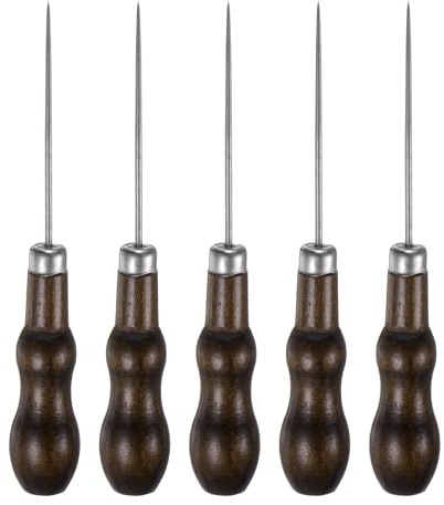 sourcing map 5pcs Handwork Sewing Awl Double Gourd Awl Leather Punch Hole Tool with Wooden Handle Scratch for Broken Wire Make Mark Drilling Stitching Repair and DIY Handmade, Black