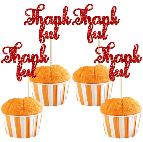 Gyufise 24Pcs Thankful Cupcake Toppers Glitter Thank You Cupcake Picks Give Thanks Cake Decorations for Wedding Bridal Shower Happy Thanksgiving Day Theme Birthday Anniversary Party Supplies Red