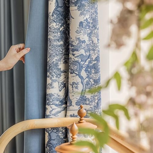 Aotiwe Verdunklungsvorhänge Lang, Küchengardinen Fenster Kombination Aus Volltonfarbe und Blumen Muster Blau Gardinen für Küche Chenille 2er Set 137 x 244cm