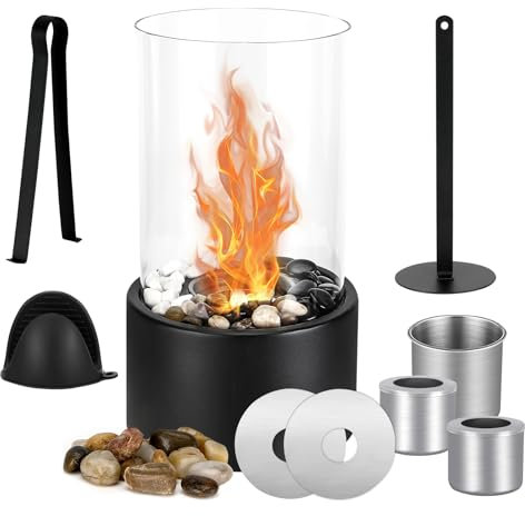 Tischkamin Indoor, Bioethanol Kamin, Tischfeuer für Indoor & Outdoor mit Deko Steinen, Verstellbare Flamme, bis 4H Brenndauer, mit Sicherheitsglas, Balkon Wohnung Deko, Erstellen Romantische Ambiente