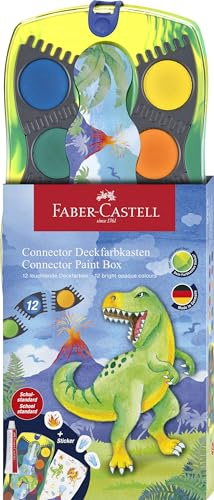 Faber-Castell - Wasserfarbkasten Connector Dino 12 Farben | Inkl. Deckweiß, Dino Sticker, Pinselfach und Namensfeld, Farben miteinander steckbar