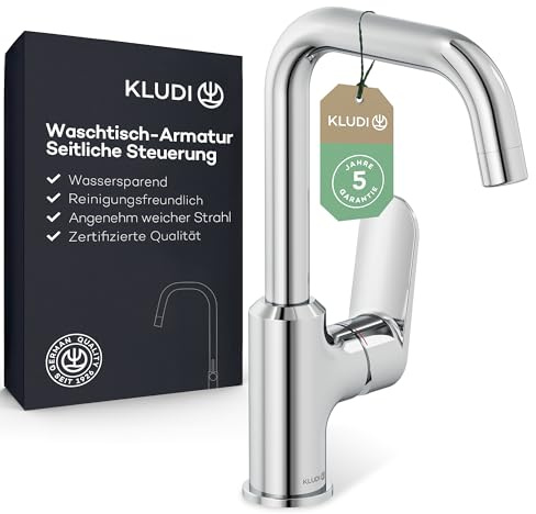 KLUDI-X1 Waschtischarmatur, 360° schwenkbar, Auslaufhöhe 205 mm, wassersparender Wasserhahn Bad Größe L, Keramikkartusche, Mischbatterie Waschbecken inkl. Anschlussschläuche in Chrom