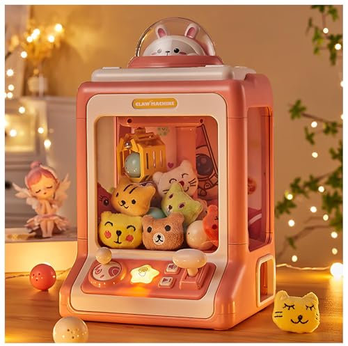 Machine à Griffes ， Machine à Pince Fête Foraine avec Lumière et Musique,20 Poupées,10 Gashapons ， Machine a Bonbon avec Pince Cadeau pour Enfant ,Pink