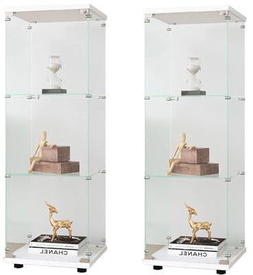 DIYHOM 2 Stück Glasvitrine Standvitrine, Modern 3 Lagen Glas Vitrinenschrank, Sammlervitrine für Sammlerstücke Bücher Wein, für Büro Wohnzimmer Küche, 125x42x36cm (Ohne Licht,Weiß)
