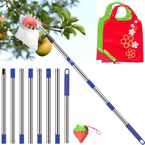 Numola Fruit Picker Pole with Basket, 10.3FT Adjustable Pole with 2 Strawberry Bags for Orange, Lemon, Avocado, Mango, Cherry, Apple, Pear, Apricot, Limes, Peach, Plums, Persimmons Tree Picker, Blue