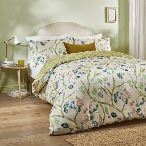 Set copripiumino Duvet Day Woodlow - Biancheria da letto reversibile con stampa a foglie e uccelli tropicali disegnati a mano e motivo floreale (Multicolore/Salvia - Singolo)