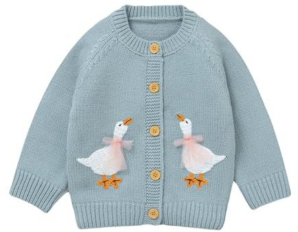 DovFanny Baby Toddler Girl Cardigan Warm Sweater Floral Long Sleeve Jumpers Coats Knitted Clothes with Cute Goose (UK, Age, 6 Months, 9 Months, Blue)