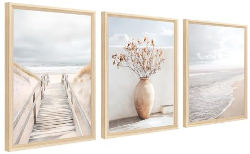 3Pcs Pfad zum Meer Strand Leinwand Bilder Set Mit Rahmen Meereslandschaft Bild Poster Ozean Küstenlandschaft Wandbilder Wohnzimmer Schlafzimmer Badezimmer Wanddeko 30x40cm x3pcs (Kein Plexiglas)