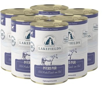 Lakefields Mangime per cani bagnato | cavallo puro 100% | 6 x 400 g | carne muscolare pura | carne di cavallo di allevamento adatto alla specie | cibo umido ipoallergenico per cani | regionale e senza