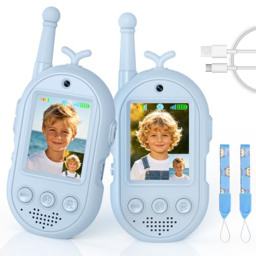 Video Walkie Talkie Bambini, 2 Walkie Talkie Ricaricabili con Display, Comunicazione Radio Bidirezionale, Lunga Portata, Regalo per Bambini e Bambine dai 3 ai 12 Anni. (Blu + Blu)