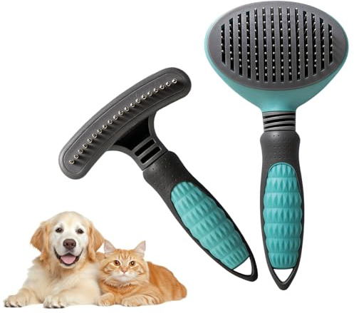 GOMETY Uppsättning av 2 kattborstar, hundborste, underull, hundborste, långhår, korthår, tovning, borttagning av underull, lös päls, hundkam, kattkam, husdjursborste, underullsborste med en knapp