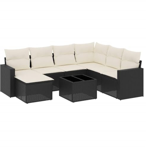 Mhdvray 8-TLG. Garten-Sofagarnitur aus Schwarz-PE-Rattan 62x62 cm mit Glas-Tisch & Cremekissen Modularer Lounge-Sofa für Terrasse Balkon oder kleinen Garten