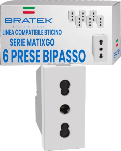 Bratek 6 Prese Elettriche da Muro Bipasso 10/16A Compatibili con MatixGo | Sostituisce Presa BTicino MatixGo JW4180 - Bipresa Bivalente 10/16 A, 250Vac, 2P+T, Standard Italiano - Made in Europe
