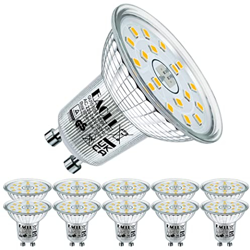 EACLL GU10 LED Bulbs Neutral White 4000K 6.5W Replaces 95W Halogen Bulbs, Pack of 10, 875 Lumen, AC 230 V Flicker-Free Spotlight Beam Angle 120° Spot, Non-Dimmable Shorter Reflector Lamps