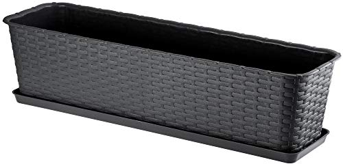KADAX Blumenkasten 60 cm Anthrazit mit Untersetzer, Rattan-Optik – Pflanzkübel für Balkon oder Terrasse, robuster Balkonkasten