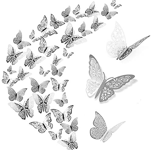 WandSticker4U®- 36er 3D SCHMETTERLINGE Deko SILBER metallic I Papier Schmetterling für Wohnzimmer Kinder-zimmer Mädchen Küche Fenster Möbel Hochzeit Party Wand-Tisch-Deko Geschenke