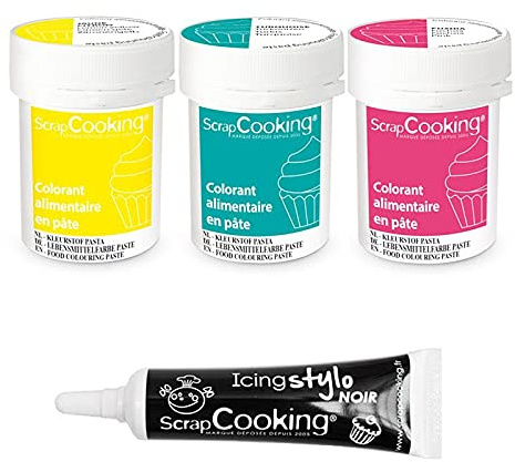 3 colorante alimentare in pasta 20 g fucsia-turchese-limone + penna per glassa nera