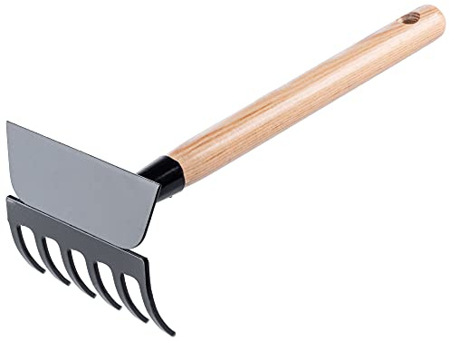 KADAX Petite Serfouette en métal à manche court double pioche robuste pour désherber les mauvaises herbes (6 dents, forme trapézoïdale)