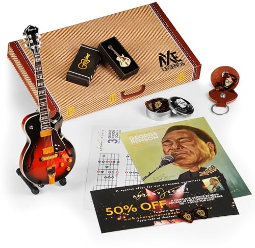 George Benson Guitarist Gift Box by Axe Legends | Exclusive Collectibles for Guitar Players | Includes a Miniature GB10 Guitar, a Plectrum Set and Leather Pick Pouch, a Pin Brooch, Prints and Tuition