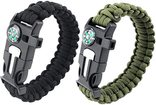 ABDA Pulsera de supervivencia, 2 pulseras de supervivencia con encendedores de pedernal son adecuadas para actividades al aire libre como senderismo, camping, montañismo, llamadas de emergencia, etc.
