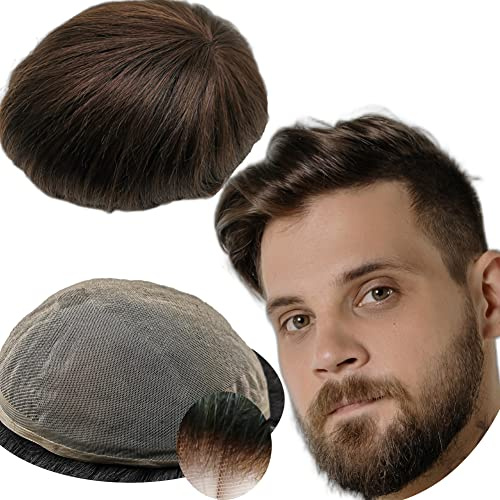 Toupet Cheveux Humains pour Hommes Yanahair Respirant Suisse Dentelle Postiche Base Perruques,8x10 pouces de Densité Moyenne Légère Postiche pour Hommes(#2 Brun foncé)