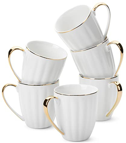 BTaT White Coffee Mugs - Set of 6, 12oz Porcelain with Gold Trim - Hot Coffee & Chocolate Mugs