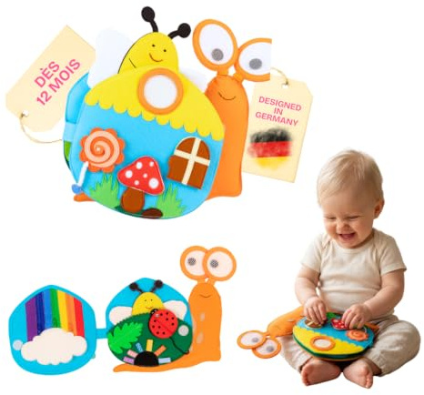 Jolly Designs – Travel Buddy Schnecke – Montessori Spielzeug ab 18 Monaten – Motorik & Sensorik fördern – Handgefertigtes Filzbuch – Lernspielzeug für Kleinkinder – Busy Book für Zuhause & unterwegs