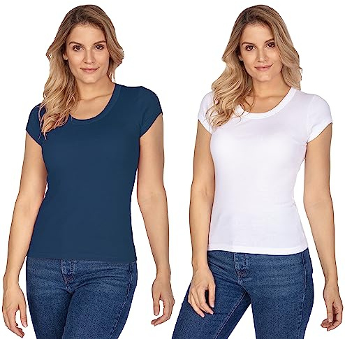 e.Femme® Confezione da 2 magliette da donna a maniche corte Rita II Z-107A, in 50% modal e 50% cotone, a doppia coste, bianco/navy, 42-44