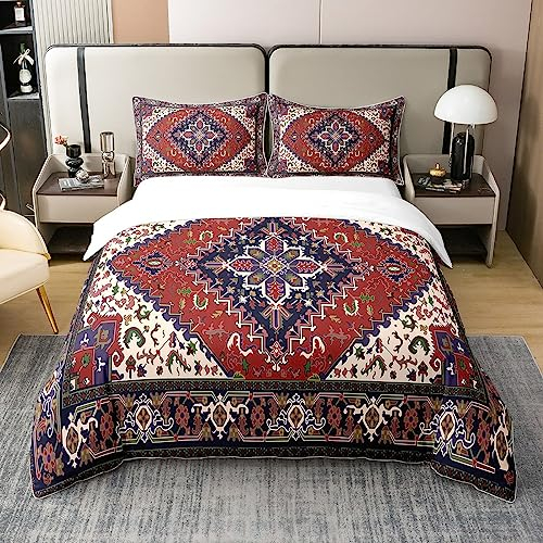 100% Bio Baumwolle Tribal Bettbezug 200x200 Exotische Geometrische Gitter Bettwäsche Set Boho Rot Grün Quadrat Gitter Quilt Cover Persische Retro Böhmische Zimmer Dekor National Abstract Quilt Cover