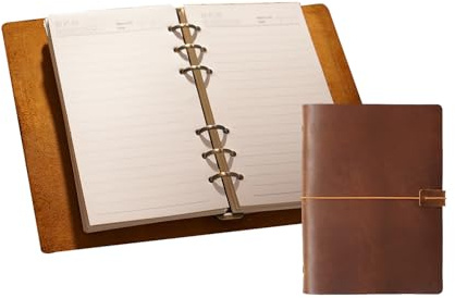 KISSKI·H Olvido A5 Planer Ordner Vintage Leder Journal Notizbuch, Kleines 6 Ring Reise Notizbuch Cover, Nachfüllbar 80 Blätter 160 Seiten für Interviews Schreiben, Geschenke für Männer und Frauen