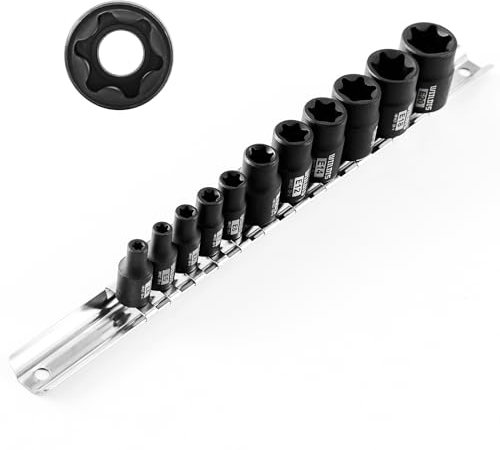 WIILDIS Juego de 11 llaves Torx hembra, juego de llaves E-Torx con riel, 1/4 pulgadas y 3/8 pulgadas, juego de llaves de estrella externa hembra E4 - E20