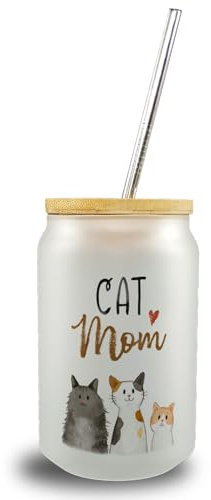 speecheese Cat Mom Trinkglas mit Bambusdeckel mit Spruch ein buntes Glas für dein Lieblingsgetränk Cat Mom Katzenbesitzer Katzenmotiv Katzenliebhaber Katze Dad Katzeneltern