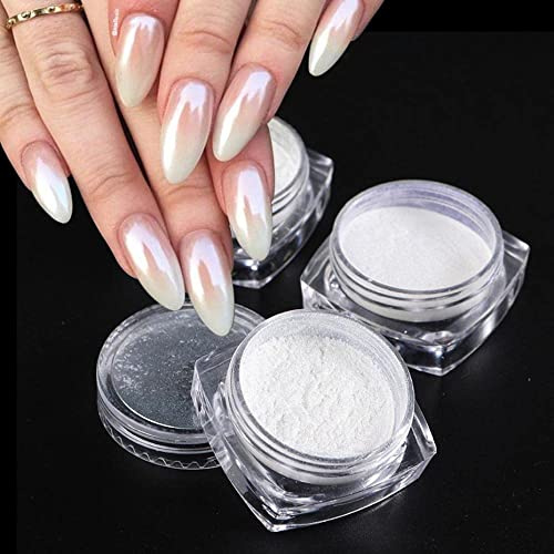 Wahrshei White Chrome Nail Powder, 3 Perl Chrom Pulver mit Pearl Schimmer Effekt, Pearl Effect Powder für Glazed Donut Nails