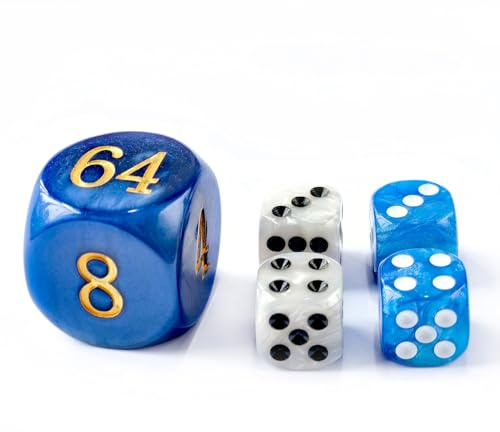 5 st set 30 mm Backgammon pärltärningsset – 30 mm (1 3/16 tum) stor Backgammon dubbelkub plus 4 st 16 mm tärningar (blå/vit marmorerad)