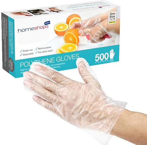 HOMESHOPA Disposable Plastic Food Prep Gloves, Food Safe, 500 Pack Clear Waterproof Polythene Gloves for Kitchen Cooking Cleaning Safety Food Handling Hair Dye, One Size Fits Most