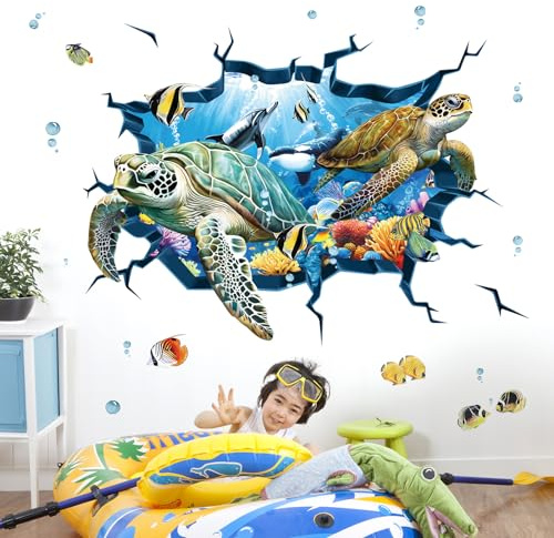 decalmile 3D Under The Sea sköldpadda väggdekaler undervatten hav fisk trasiga väggklistermärken barn sovrum vardagsrum badrum väggdekor