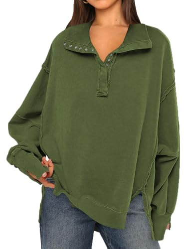 OLIPHEE Sweat Femme Patchwork Boutons Col V Vintage Grande Taille Col Roulé Manches Longues Oversize Casual Sportwear