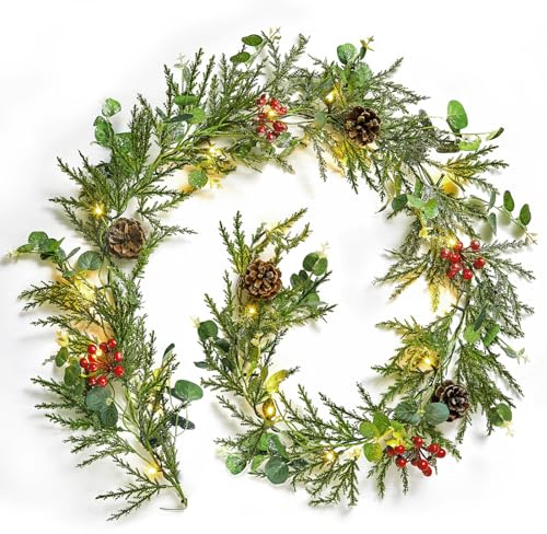 Brightown Pre-lit Christmas Garland with Lights, 6 Feet 20 LED Battery Operated Christmas Lights with Pine Cones, Berry, Eucalyptus Leaves, Indoor Christmas Decorations for Stairs, Fireplace, Door