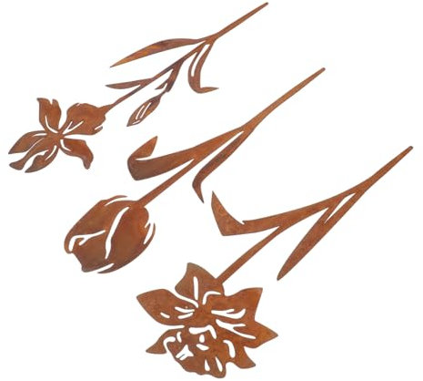 FONDOTIN 3stücke Blumengartenstecker Aus Eisen Dekorative Gartenornamente Gartendekoration Für Draußen Rustikale Eisen-blumenstiele Für