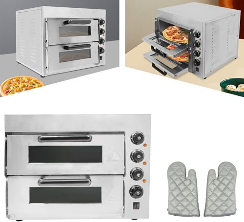 Mermajestic Horno de pizza de acero inoxidable 201, grande, con guantes resistentes al calor, 3000 W, doble capa, mini horno eléctrico para pizza, temperatura ajustable, horno gastro, pan, pasteles,