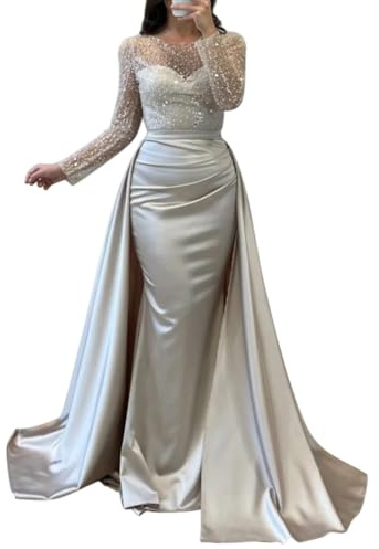 Minetom Abendkleid Damen Cocktailkleid Pailletten Maxikleid Elegant Langes Kleid Hochzeit Brautjungfer Kleider Langarm Ballkleid Partykleid