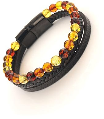 Herren Armband - Natur Bernstein und Leder - facettierte Perlen - Magnetverschluss, Einheitsgröße, Bernstein, Leder, Bernstein