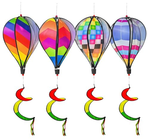 LEKEFETO 4er-Set Windspiel Heißluftballon-Dekoration | Bunte 110cm Gartenwindspinner mit PVC-Rahmen | UV-beständige Outdoor-Spiraldreher für Terrasse & Balkon