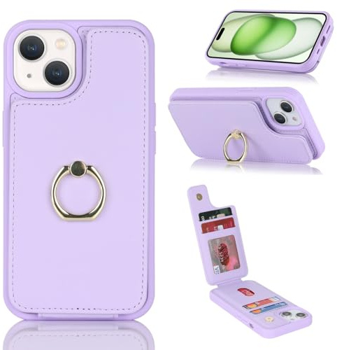 Cavor Phone case Compatible with iPhone 15, Flip Leather Wallet With Card Holder, Buckle Metal Ring Shockproof Cover - Purple