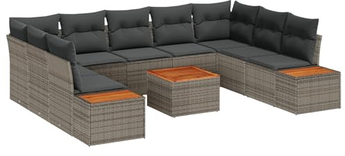 vidaXL Trädgårdsoffset med kudde 10 pcs Grå Poly rattan, Trädgård och terrass, modern modulär utemöbelset, lätt rattansoffa, väderresistent loungesoffa