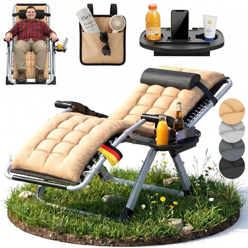 WoRaum Sonnenliege Liegestuhl,Klappbare Gartenliege,Verstellbare Rückenlehne Liegestuhl mit Nackenkissen,Getränkehalter&Seitentasche(Beige)